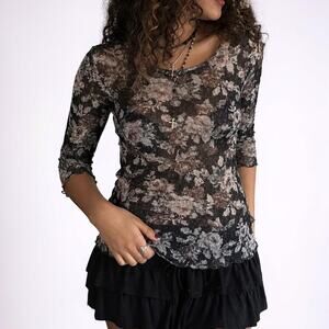Y2K BKE Sheer Floral Lace Top Medium Grunge Lace 3/4 Sleeve
